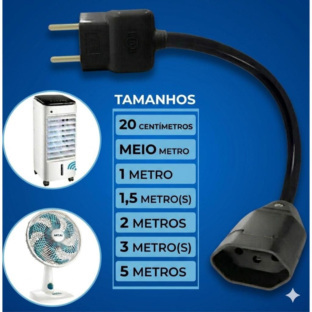 Extensão Elétrica Preto Reforçada Plug Reto Cabo Pp 2x2.5mm 20A 1 Metro,50 centimetros, 1,5 M