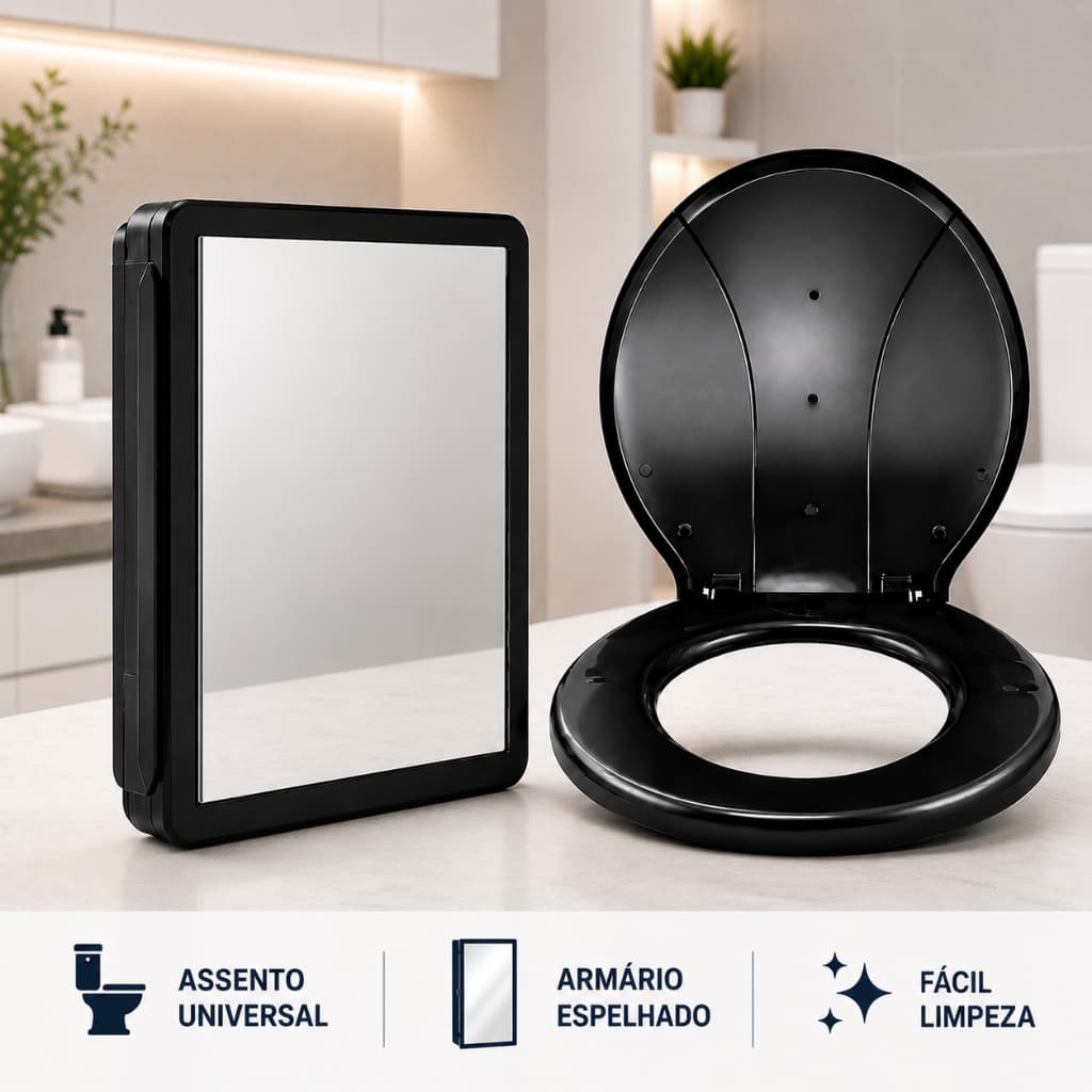 Combo Armário Espelhado Banheiro e Assento Sanitário Universal Preto Branco ou Apenas Armário