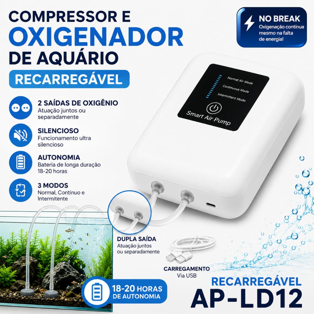 COMPRESSOR/OXIGENADOR DE AR PARA AQUÁRIO AP-LD12- BIGOOFISH-- NOBREAK BATERIA 26HS - BIVOLT- USB