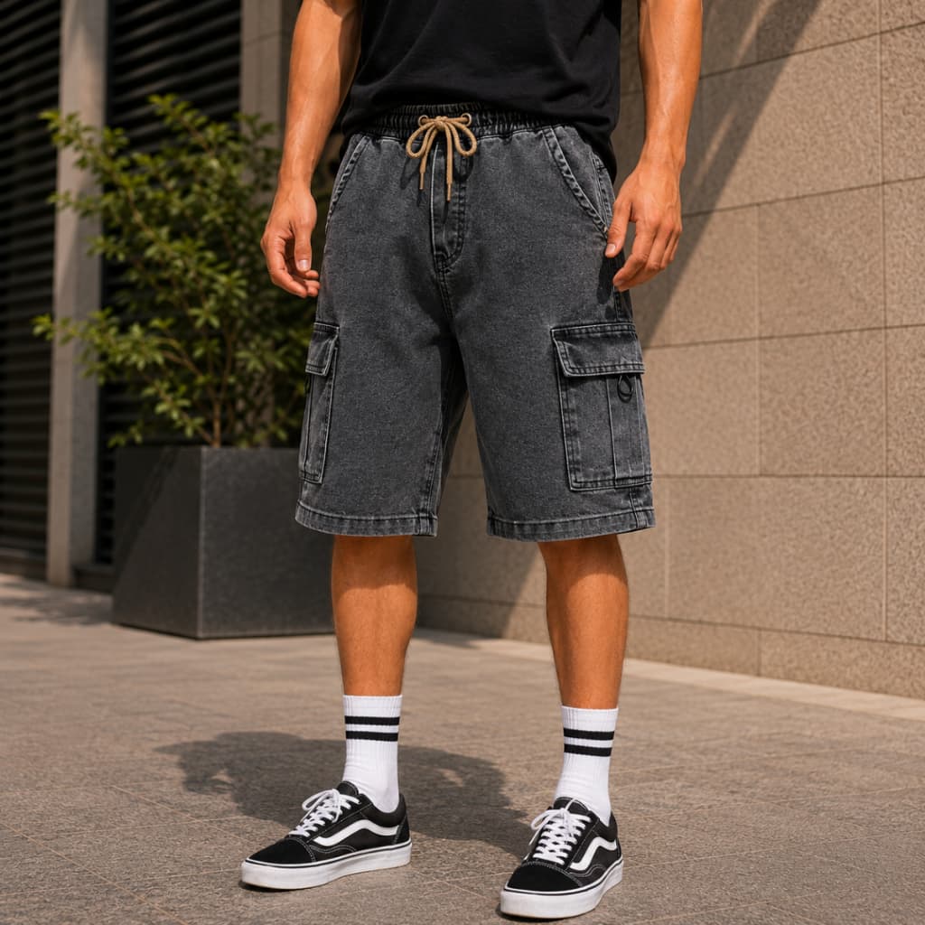 Bermuda Jeans Cargo Infantil Masculina Cordão Ajustável Azul Grafite do 4 ao 16 Anos