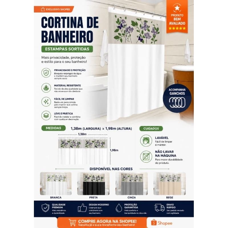 Cortina de Banheiro Premium 1,38x1,98 – Impermeável com Ganchos | Estilo e Proteção