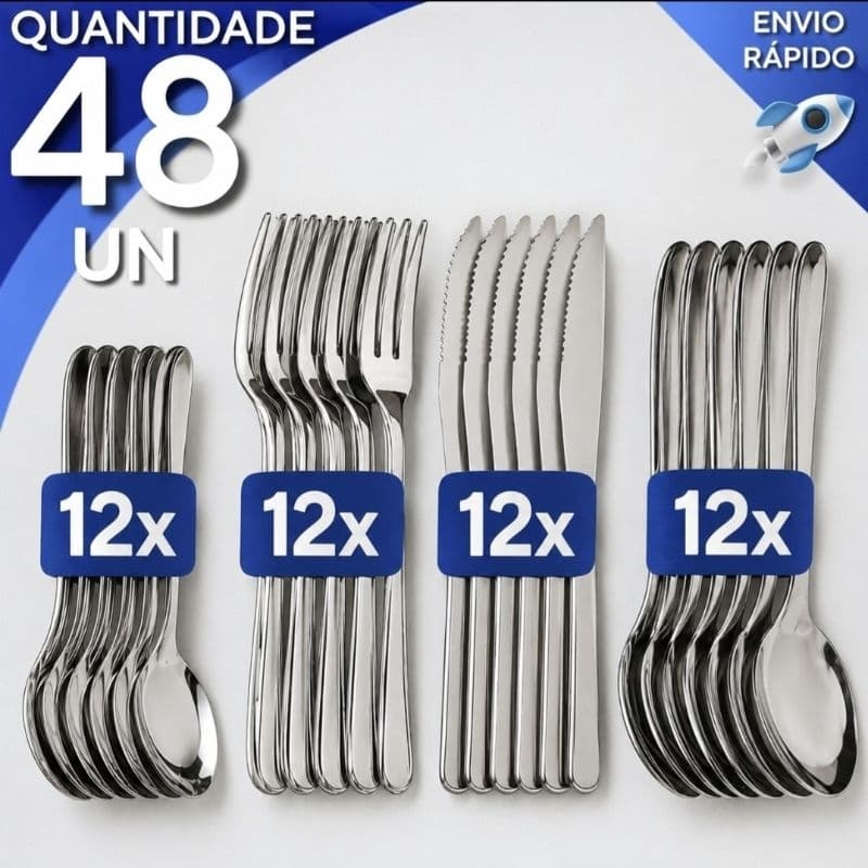 Jogo de Talheres 48 peças Aço Inox 12 Colher Sobremesa 12 Facas 12 Garfo de Mesa 12 Colheres de Sopa
