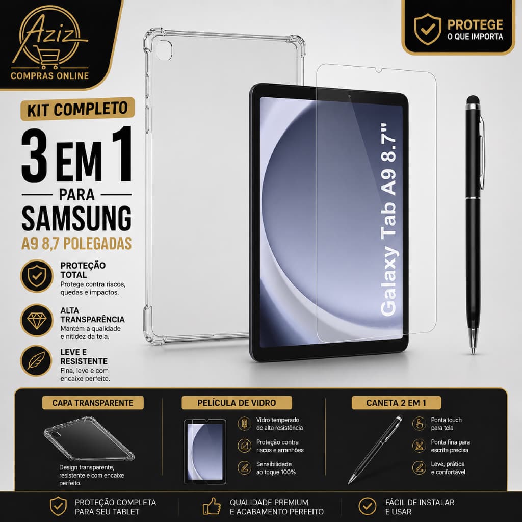 Capa Transparente Premium Para Galaxy Tab A9 8.7” X110/X115 + Película de Vidro + Caneta Touch 2 em 1 | Kit 3 em 1