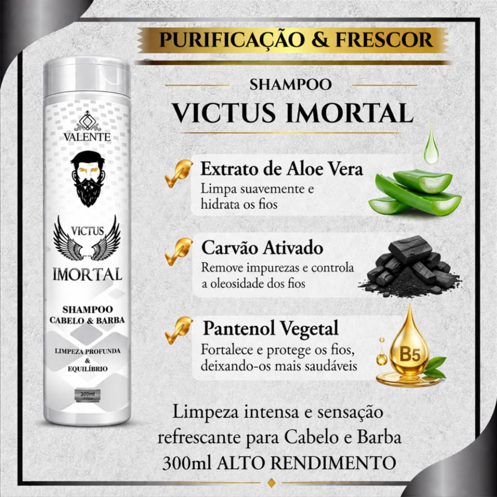 Shampoo Valente Victus Imortal Cabelo E Barba 300ml Carvão Ativado