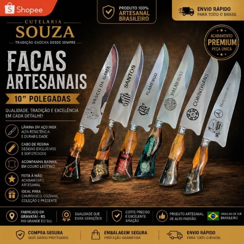 Faca Artesanal 10” Aço Premium Feita à Mão Cabo Trabalhado + Bainha Couro