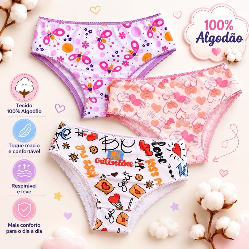Kit 12 Calcinhas Calcinha Infantil Menina Ideal para o dia a dia Super Conforto