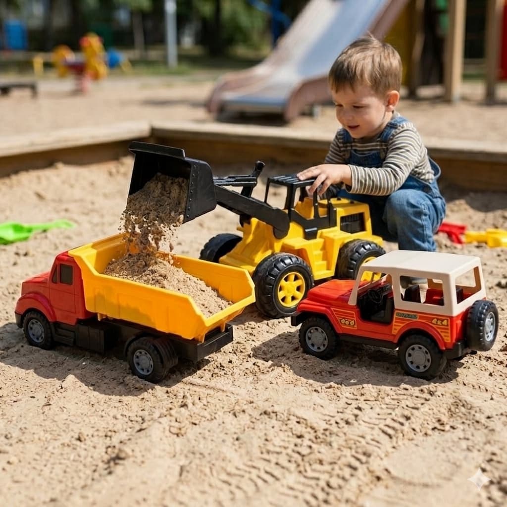 KIT 3 CARRINHOS PARA AREIA – TRATOR PÁ CARREGADEIRA, BASCULANTE E JIPE/JEEP. BRINQUEDO PARA MENINO