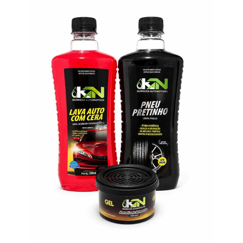 Kit Limpeza Automotiva KN Shampoo com Cera + Pretinho + Odorizante Cheirinho LEVE MAIS PAGUE MENOS.