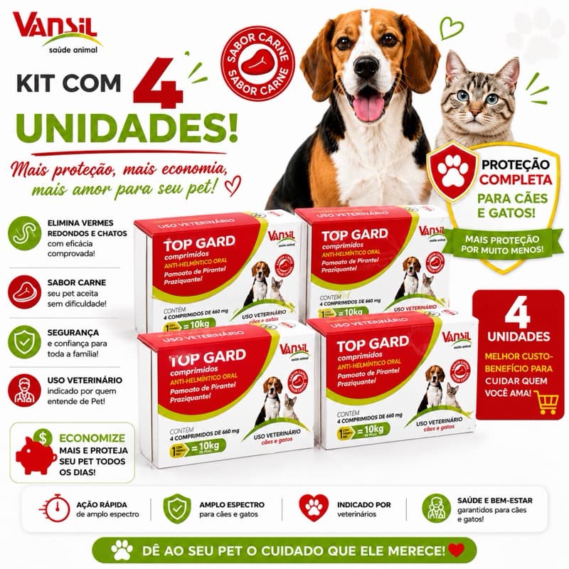 Kit C/4 caixas Top Gard 660mg 4 Comprimidos - 1 Comprimido P/ 10kg (Remédio de Verme P/ Cães e Gatos)