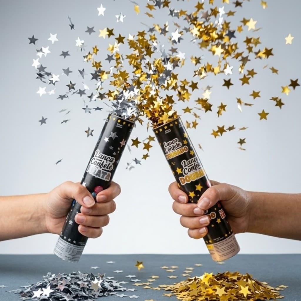 Kit 2 Lança Confete Metalizado Festas Estouro Evento Estrela Prata ou Dourado