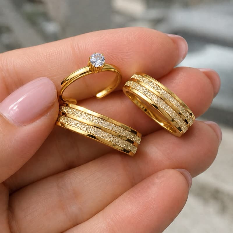Par de alianças de casamento 4mm jateada linha meio moeda antiga + anel solitario 100% em moeda cor de ouro 18k