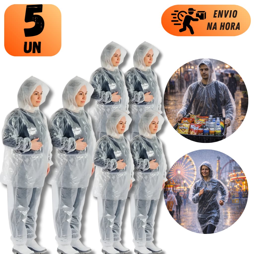 CONJUNTO CAPA DE CHUVA DESCARTÁVEL TRANSPARENTE COM CAPUZ IMPERMEÁVEL COM ELÁSTICO