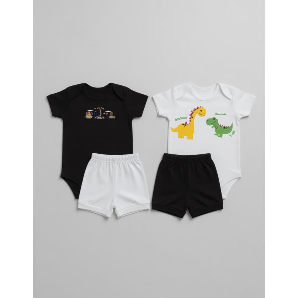 Kit 4 Peças Body e Mijão Ribana Algodão Infantil Menino Verão Estampas Sortidas
