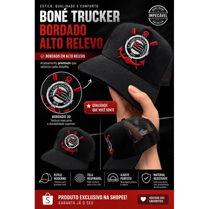 BONÉ Trucker PREMIUM BORDADO ALTO RELEVO Corinthians