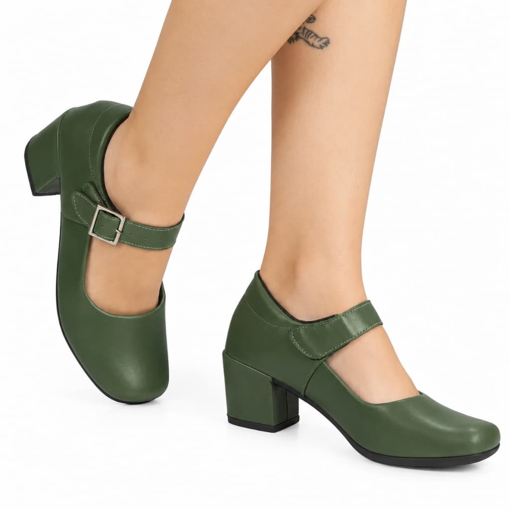 Sapato Boneca Feminino Mary Jane Verde Militar Salto Bloco Grosso com Fivela