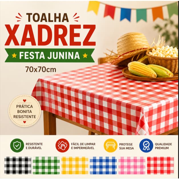 Toalha Festa Junina Xadrez Mesa Decorada Arraiá São João Plástica Resistente Colorida