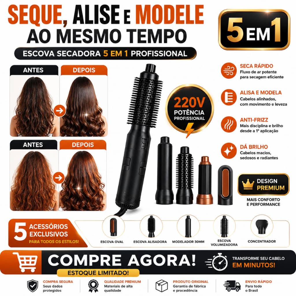Escova Secadora 5 em 1 Profissional 220V Modeladora Rotativa Alisa Seca Cabelo com Acessórios