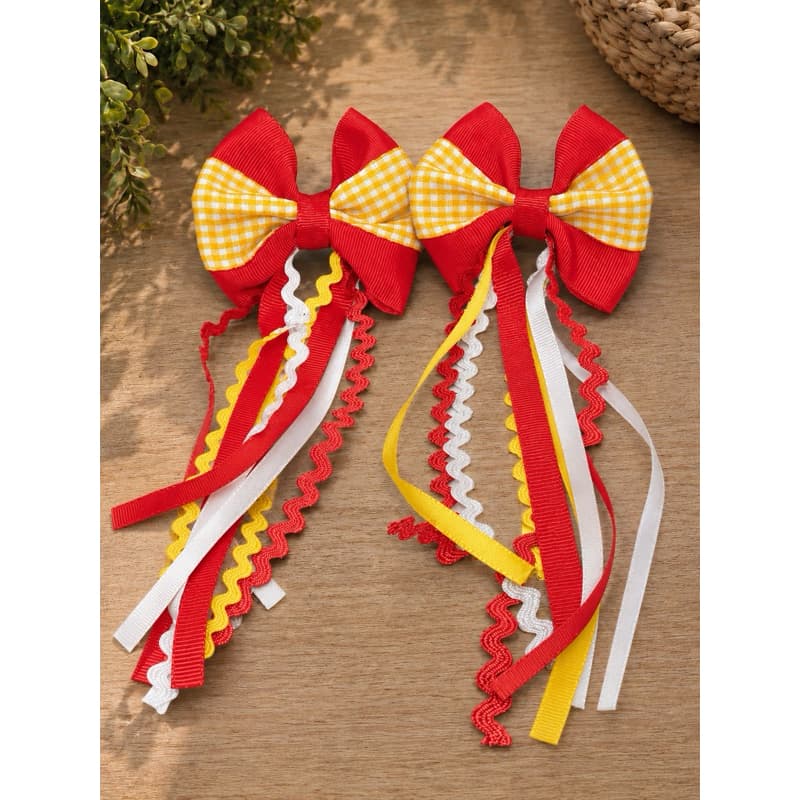 Par de Laço Junino - Vermelho, Amarelo e Branco - Xadrez - Laço de Cabelo