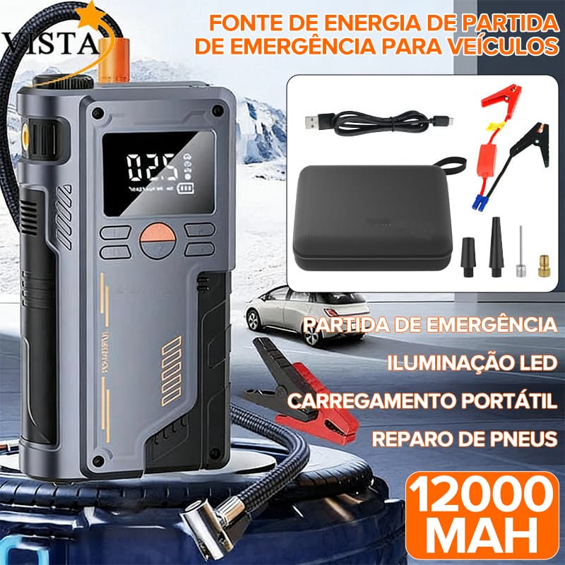 Jump Starter 12000mAh com Compressor de Ar Elétrico - Dispositivo de Emergência Portátil  com Display LCD e LED Torch