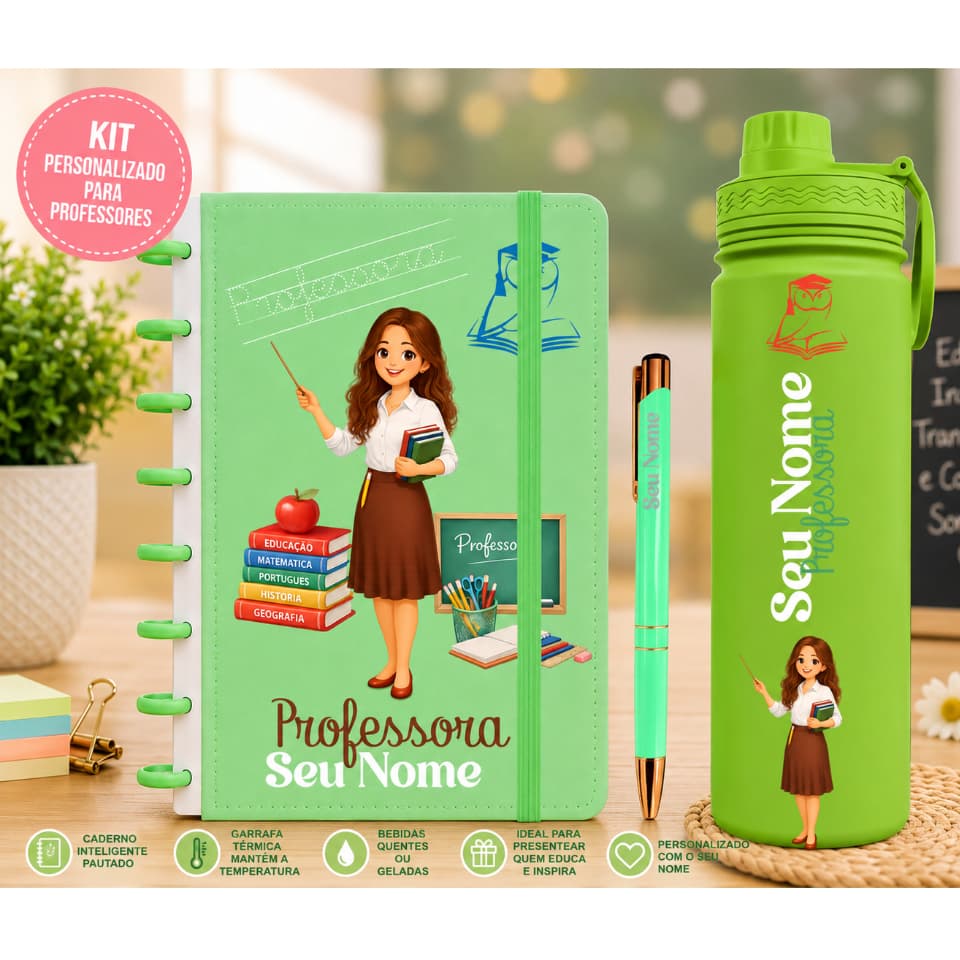 Kit Escolar Personalizado Professora – Caderno Inteligente + Garrafa Térmica 550 ou 600 Ml + Caneta - 550 ou 600 Ml