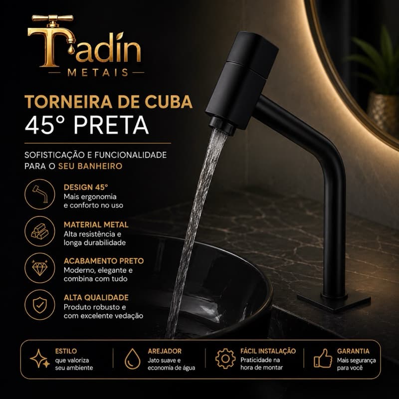 Torneira Para Cuba Banheiro 45 Graus Preta Metal Luxo Moderna