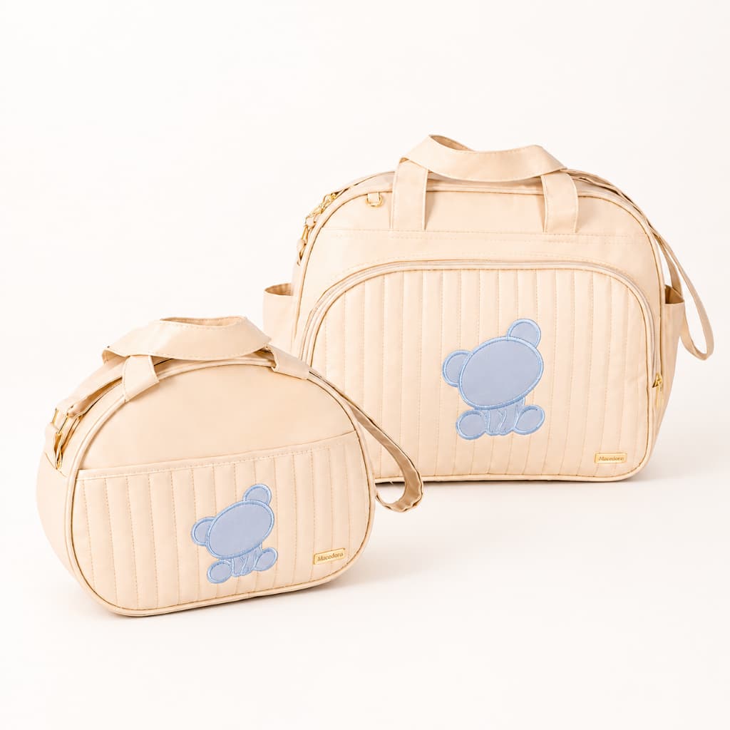Kit Bolsas Maternidade 2 peças Bege Bolsa G/ Frasqueira Urso Bordado Azul Bebê