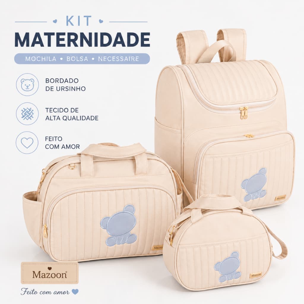 Kit Bolsas Maternidade 3 peças Bege c/Mochila, Bolsa e Frasqueira Urso Bordado Azul Bebê