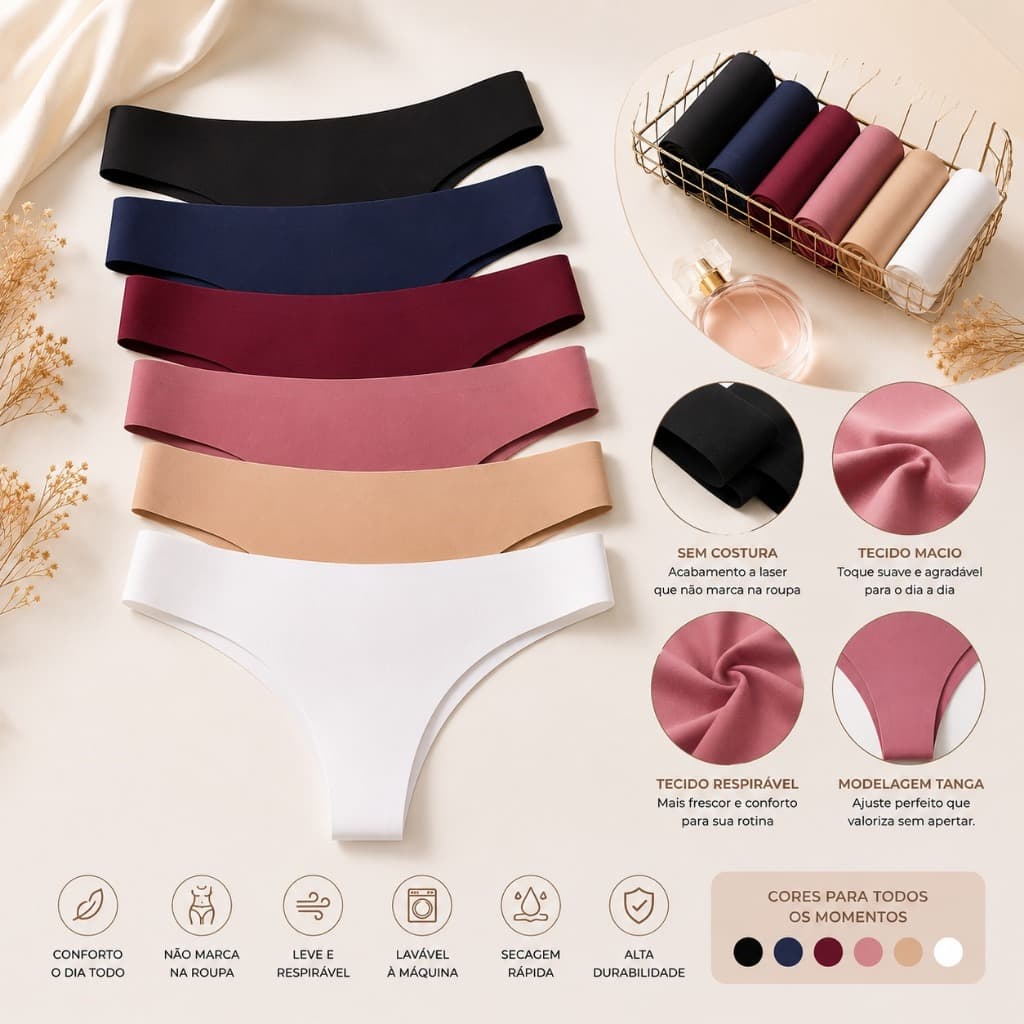 Kit Calcinha Tanga Sem Costura Feminina Microfibra Corte a Laser Academia Invisível Não Marca P M G GG