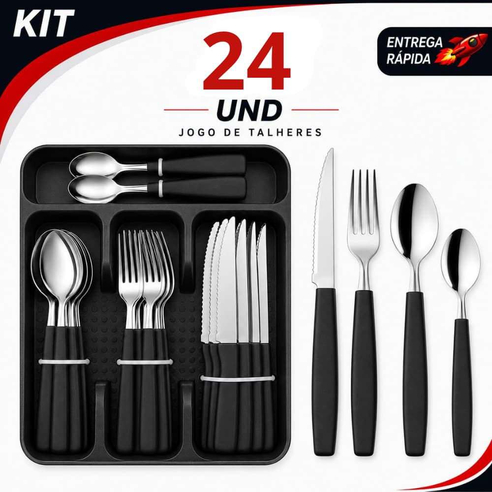Jogo de Talheres Cabo Preto 24 Peças Inox Premium Resistente Moderno Com Suporte