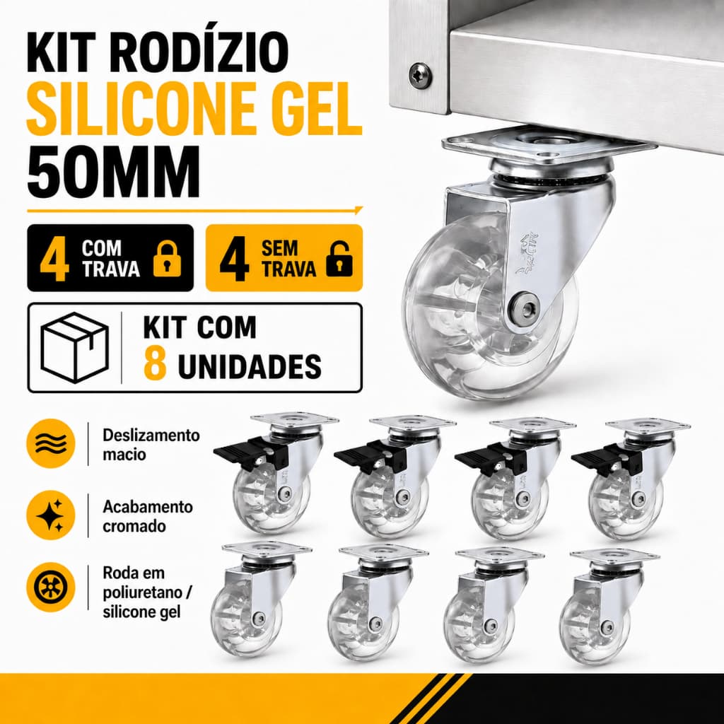 8x Rodízio Giratório Gel Rodinha Móveis 50mm 4 Trava 4 Sem