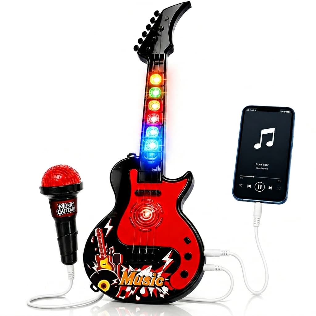 Guitarra Infantil Star 52cm com Microfone + Conexão com celular Android  Luzes e Som Realista