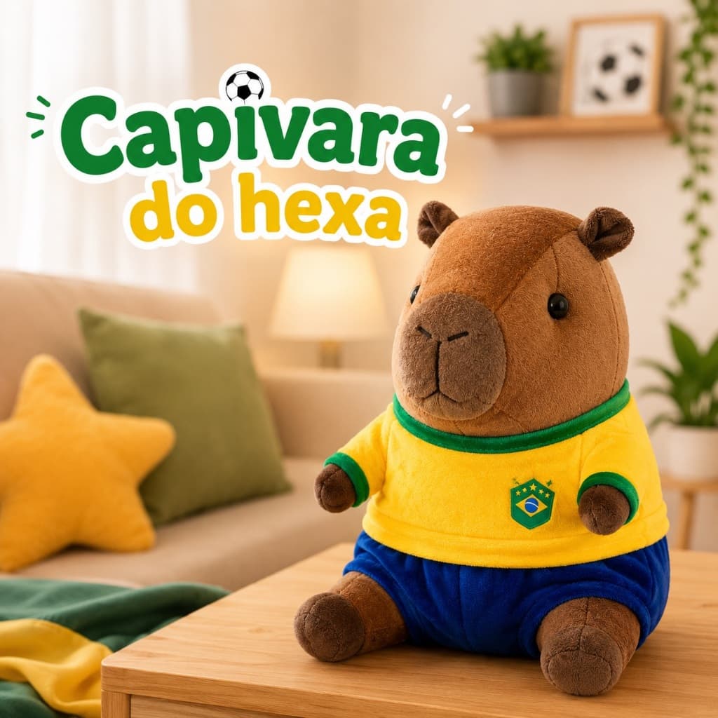 Pelúcia Capivara do Brasil Copa do Mundo 38cm | Capivara Brasileira Fofa Anti Estresse Decorativa Presente Infantil