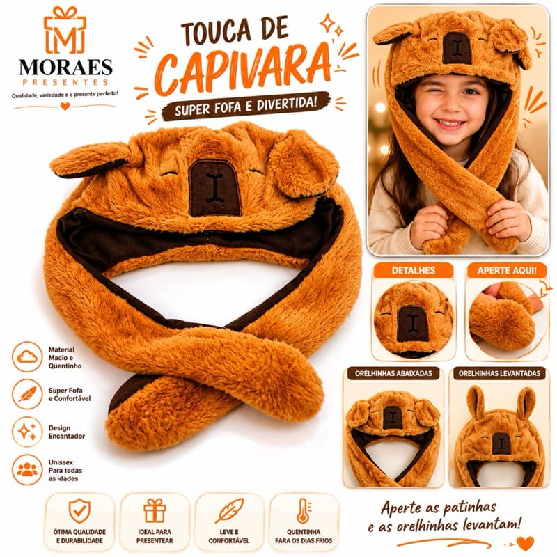 Touca de Capivara Fofa com Orelhinhas que Levantam ✨ Quentinha, Divertida e Super Macia 🧡