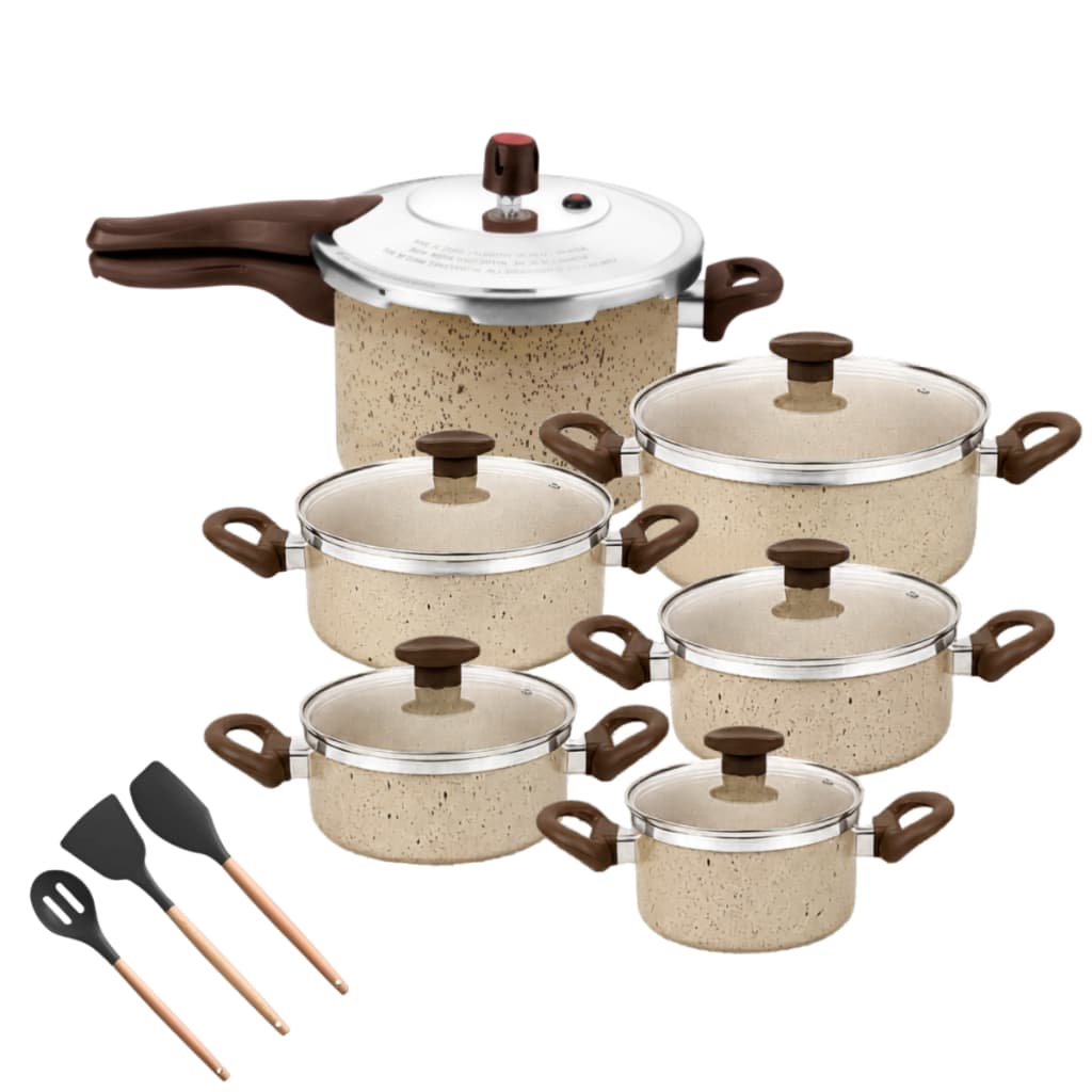 CJ PANELAS + PANELA DE PRESSÃO 4,5L ANTIADERENTES COR BEGE + KIT UTENSÍLIOS SILICONE 9PÇS
