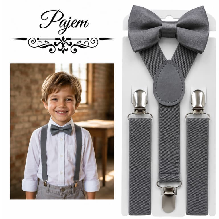 Conjunto Infantil Gravata Borboleta e Suspensório Cinza Chumbo Pajem Casamentos Eventos