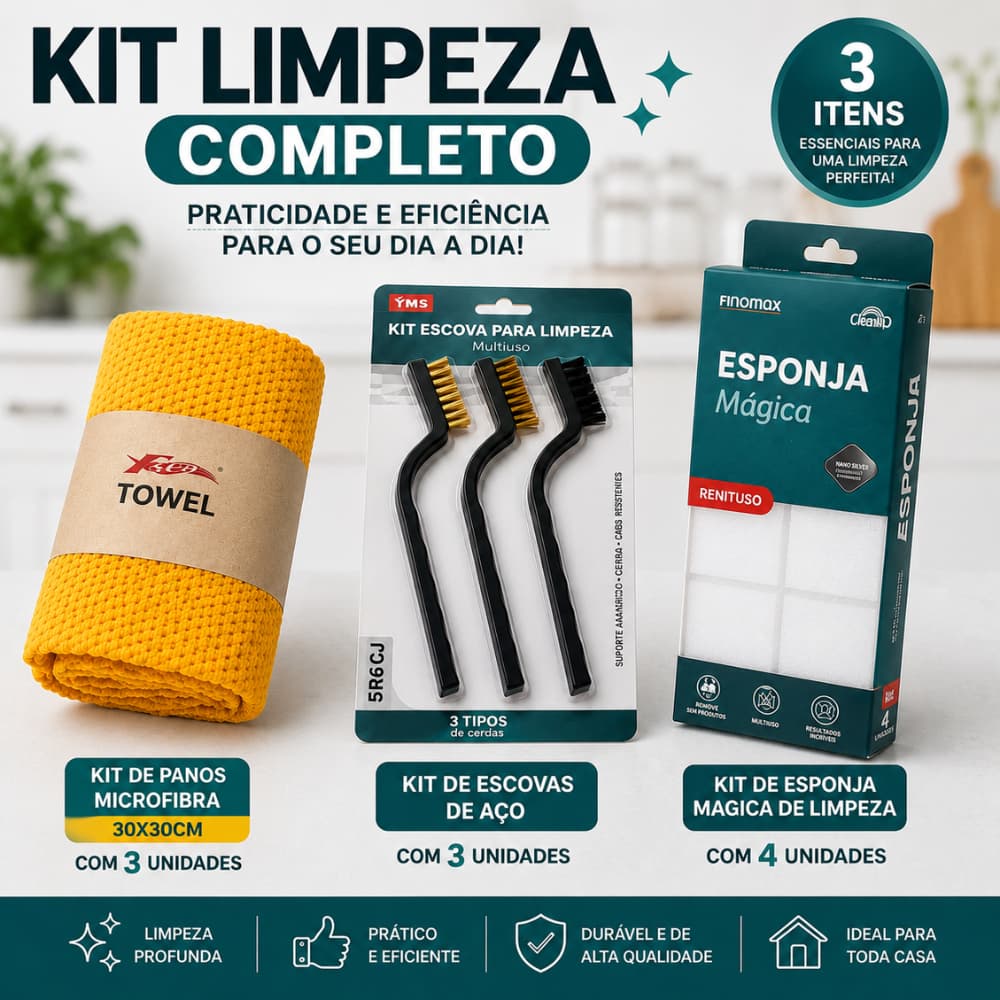 KIT LIMPEZA CARRO ESPONJA MAGICA PANO MULTIUSO E ESCOVAS DE AÇO