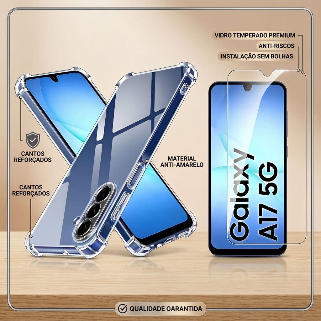 Kit Capa Capinha Anti Impacto Galaxy A17 + Película 3D Vidro Temperado, Proteção Contra Quedas, Borda Reforçada, Não Ama