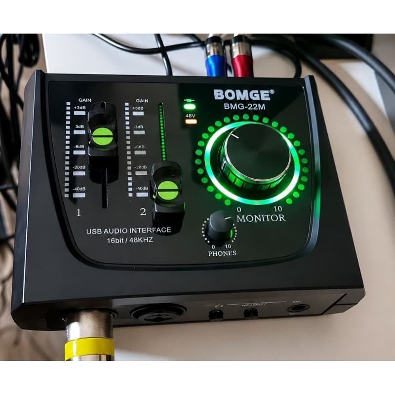 Interface de Áudio USB BOMGE BMG-22M XLR P10 Phantom Power +48V Para Podcast Live Home Studio