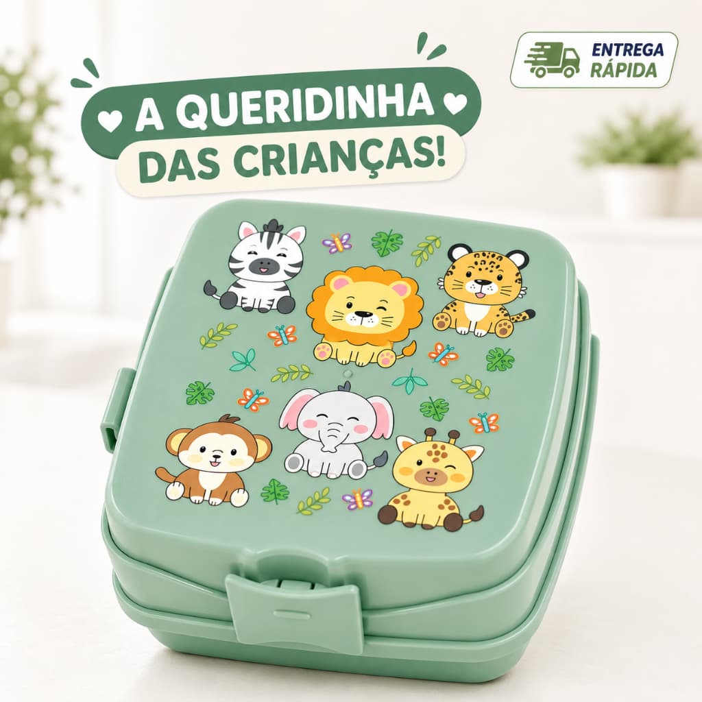Lancheira com 4 Divisórias Safari Escolar Infantil Mochila Portátil Marmita Resistente BPA