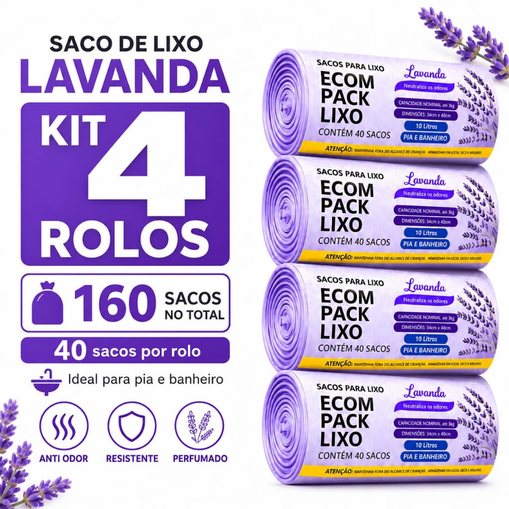 Saco Lixo Lavanda Perfumado 10L 160 Unidades 34X38CM Anti Odor Neutraliza Odores Pia Banheiro