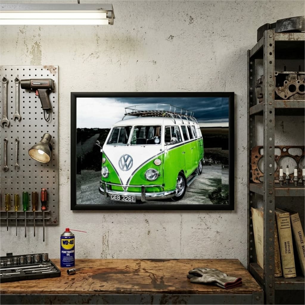 Quadro Decorativo Kombi Branco E Verde Carro Clássico Vintage Antigo Retrô Área Gourmet Oficina