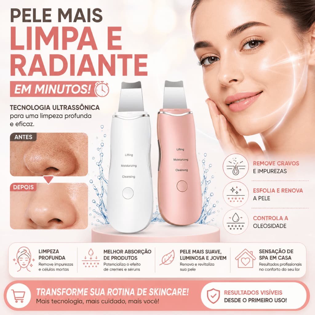 Aparelho Peeling Ultrassônico Esfoliante Facial Limpeza Profunda e Removedor de Cravos Antirrugas