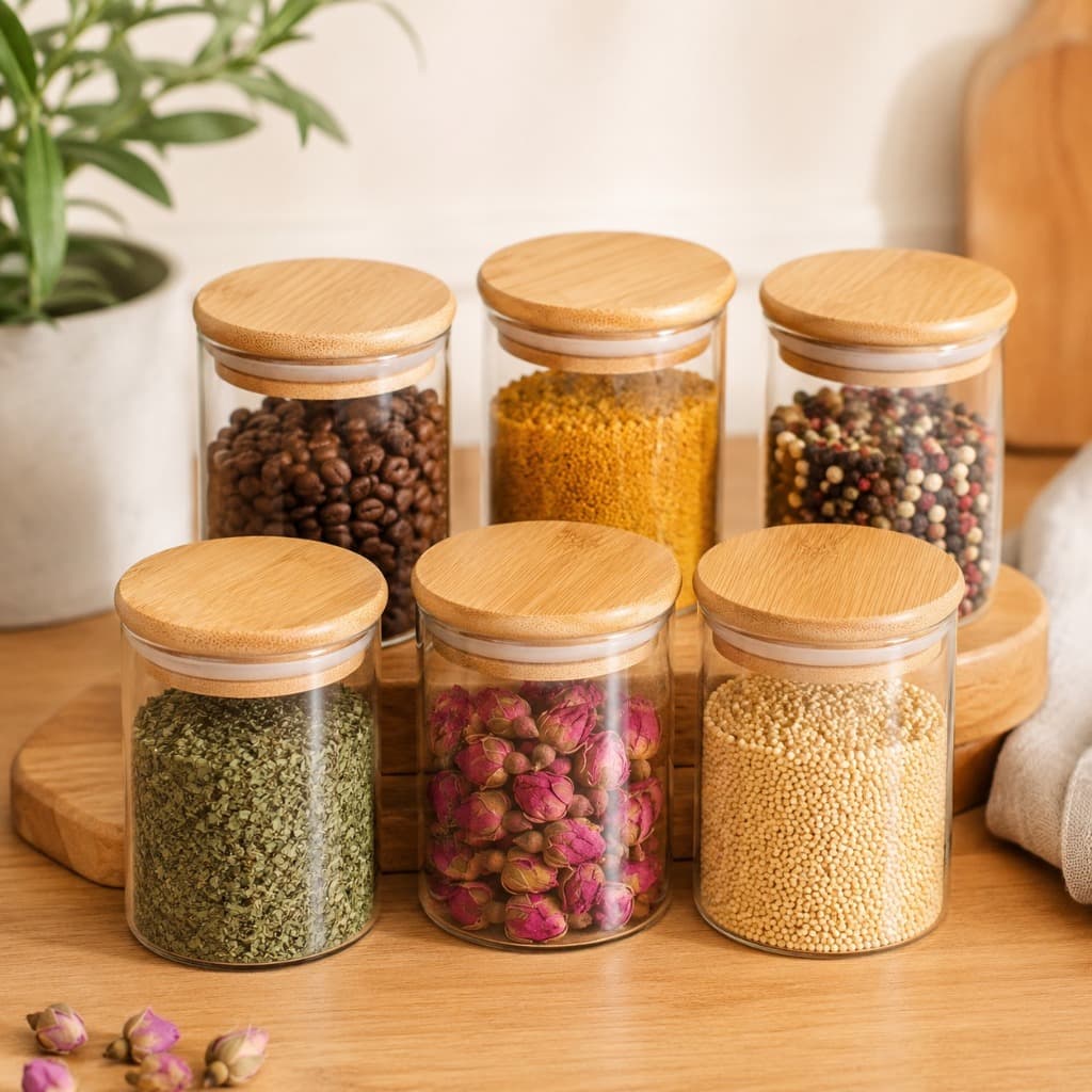 Kit 6 Potes Vidro Hermético Tampa Bambu Cozinha Tempero Organização