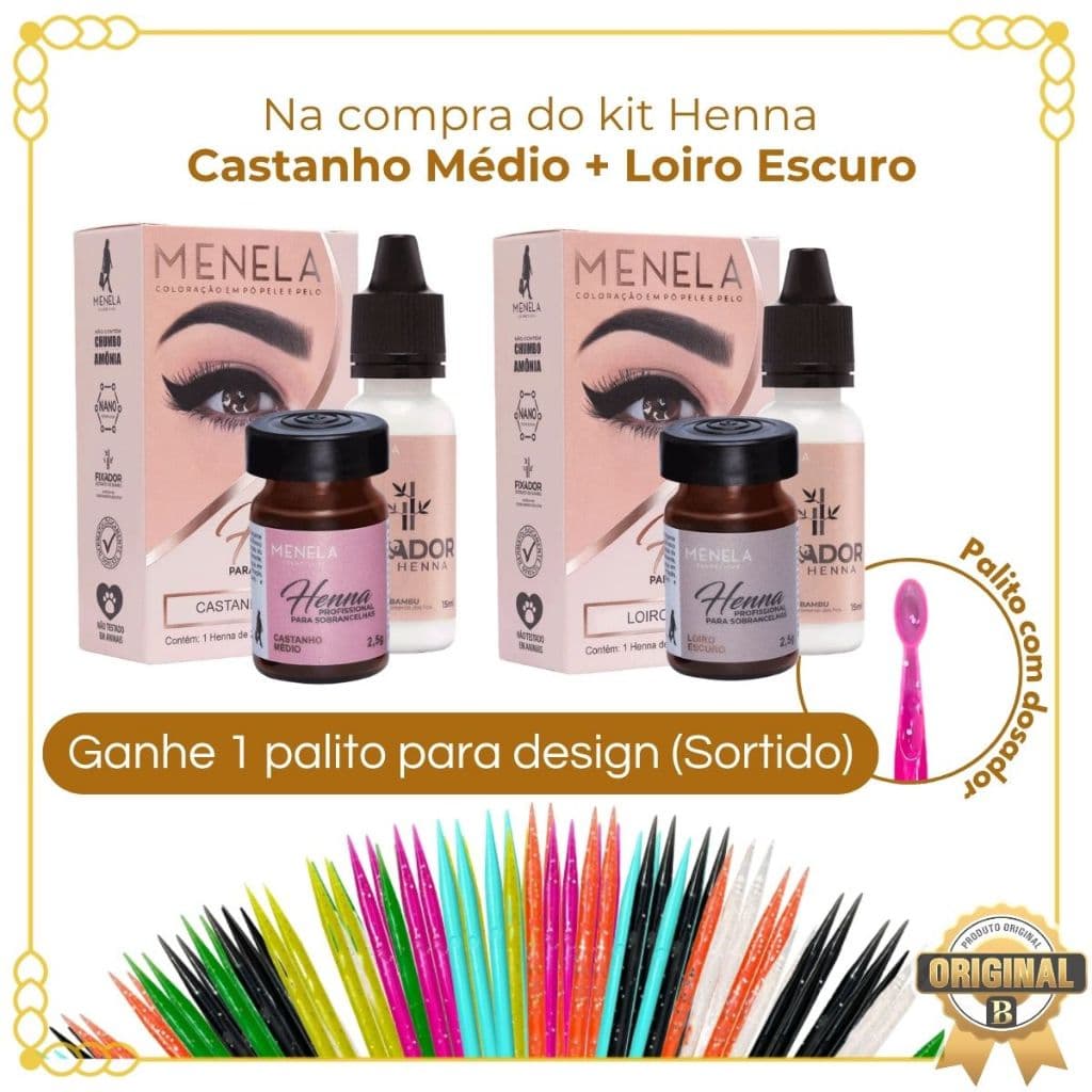 Kit 2 Henna Menela Castanho Médio + Loiro Escuro + Palito Para Design De Sobrancelhas (Sortido)