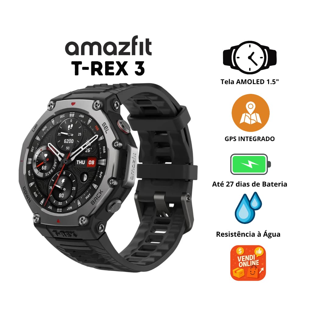 Smartwatch Amazfit T-Rex 3 GPS Tela 1,5 Amoled Bluetooth 5.2 10ATM Bateria 700mah Preto