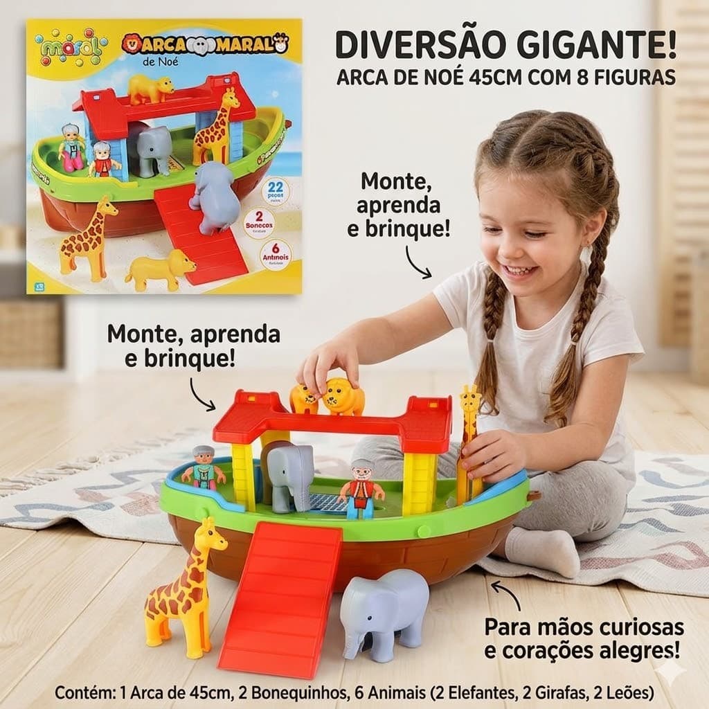 Arca de Noé Infantil para Montar com 2 Bonequinhos e 6 Animais – Brinquedo Educativo e Divertido