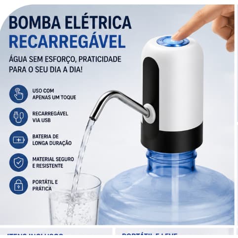 Bomba Elétrica para Galão de Água Recarregável USB Bico Dosador Automático Portátil