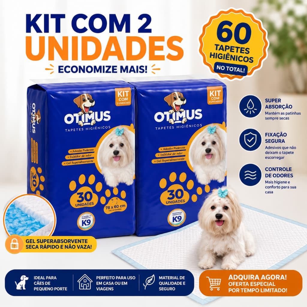 Kit 2 pacotes Tapetes Higiênicos Otimus K9 78x60cm| 60 Tapetes | Super Absorvente para Cães Antivazamento