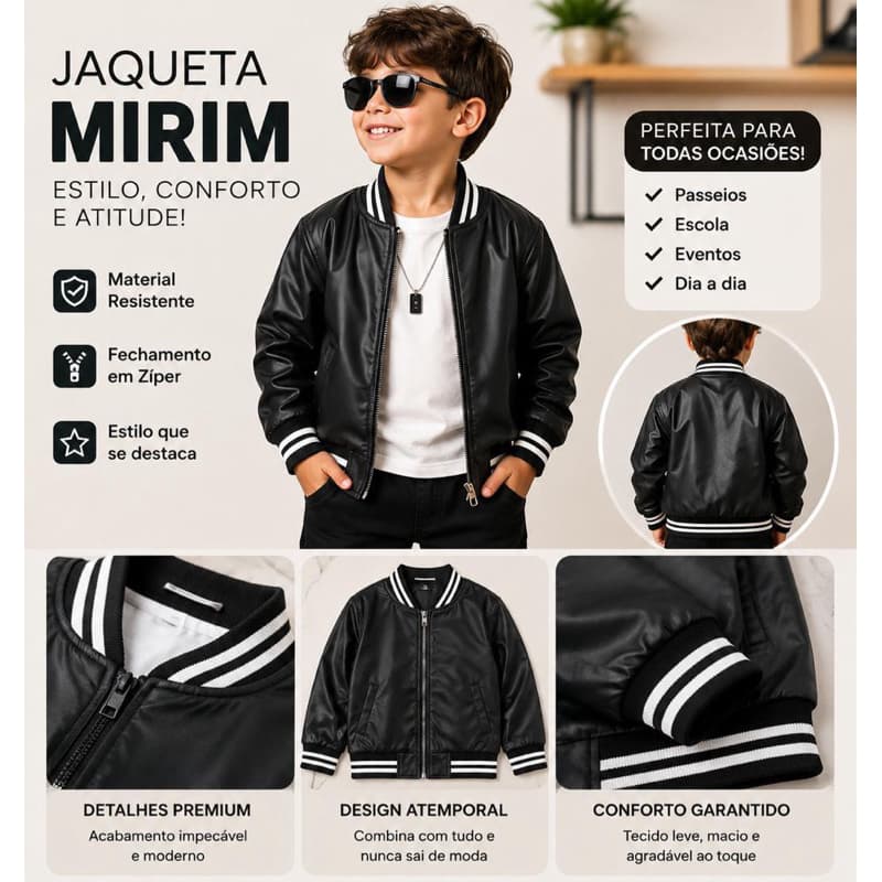 Jaqueta Bomber Infantil Unissex De Couro Sintético Ecológico Com Zíper Casaco de Frio Infantil Menino Menina Premium