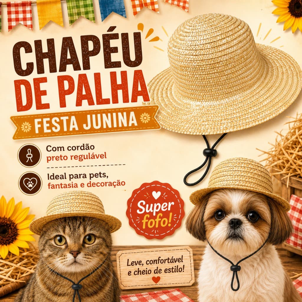 Chapéu de Palha Junino para Pet Fantasia Caipira com Ajuste Regulável Festa Junina